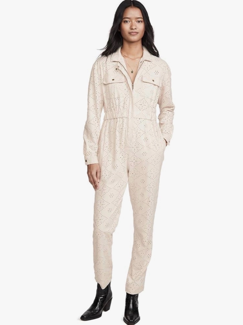 Free People Women's Set The Tone Jumpsuit, Ivory Off White size 6